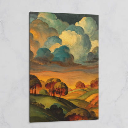 Rolling Hills and Swirling Clouds, Sage Green Landscape Canvas Art on gallery wrap