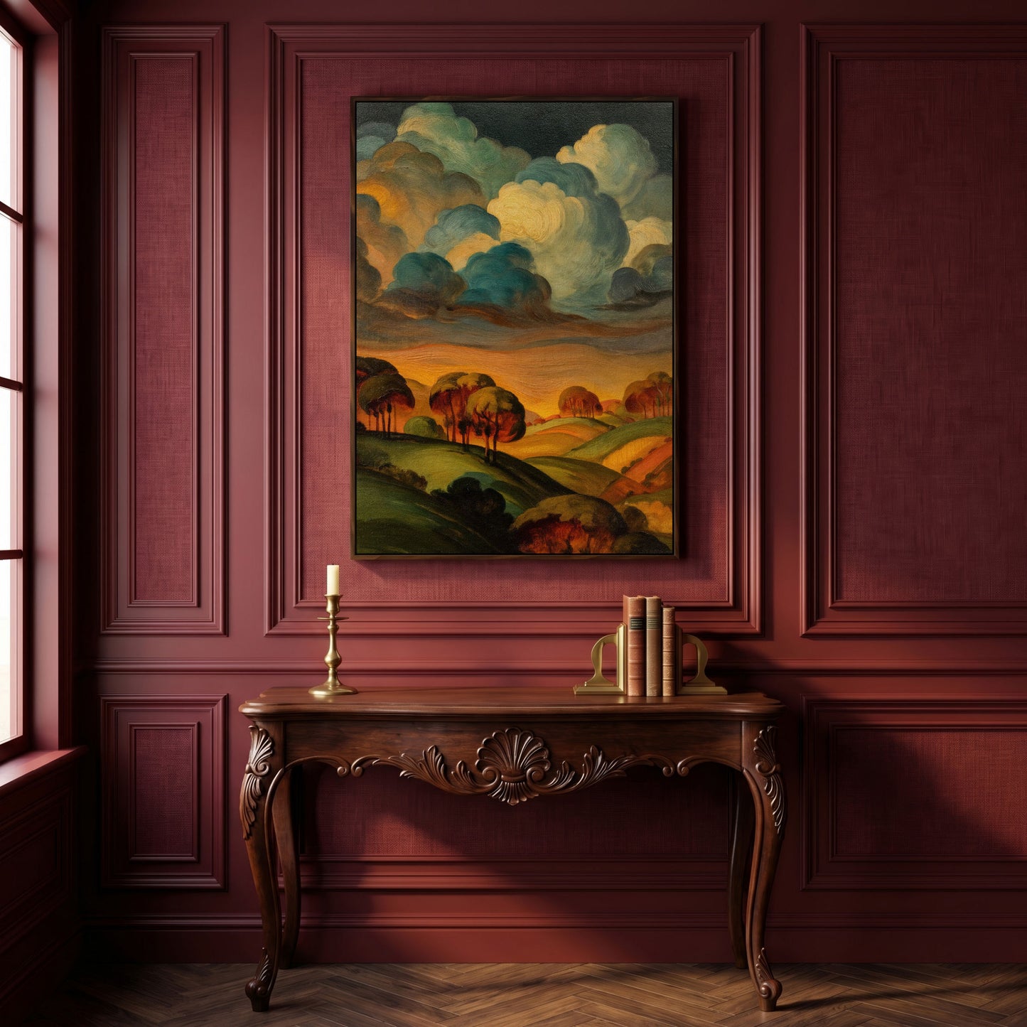 Rolling Hills and Swirling Clouds, Sage Green Landscape Canvas Art in dark walnut floating frame