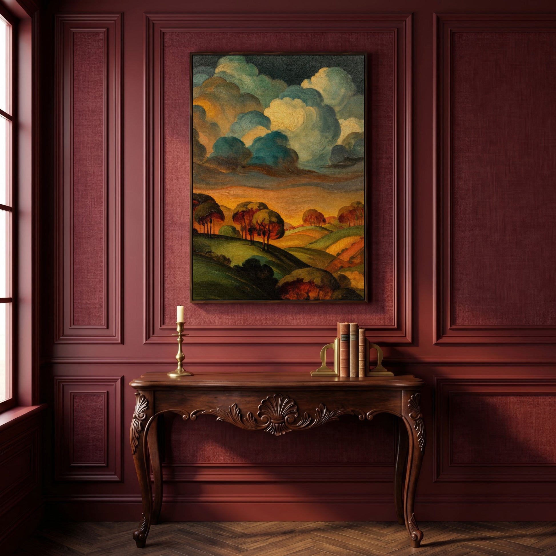 Rolling Hills and Swirling Clouds, Sage Green Landscape Canvas Art in dark walnut floating frame