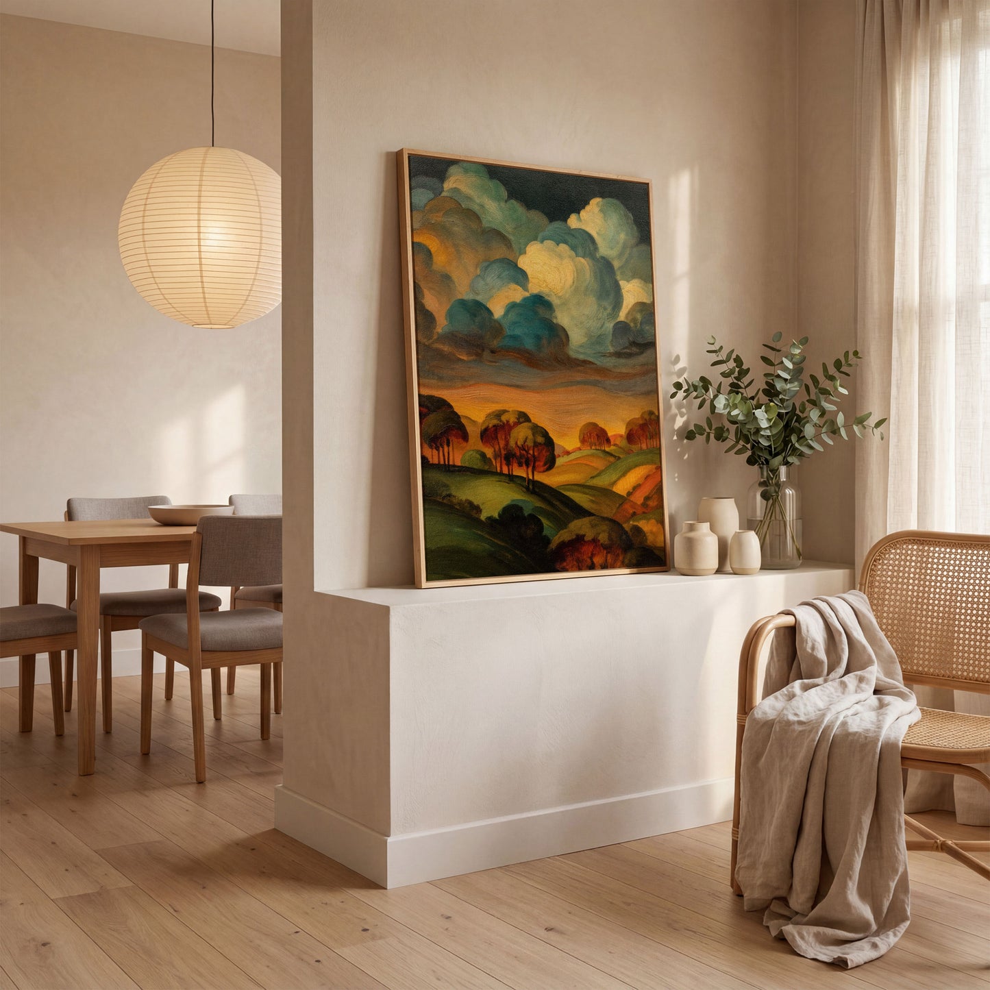 Rolling Hills and Swirling Clouds, Sage Green Landscape Canvas Art in white oak floating frame