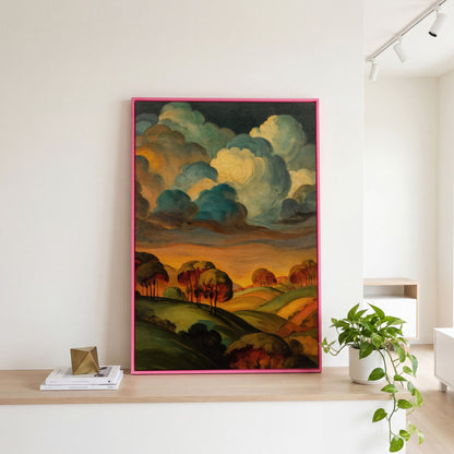 Rolling Hills and Swirling Clouds, Sage Green Landscape Canvas Art in pink floating frame