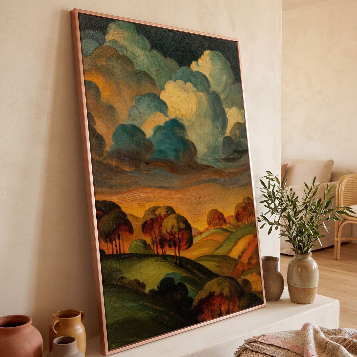 Rolling Hills and Swirling Clouds, Sage Green Landscape Canvas Art in rose gold floating frame