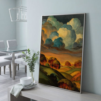 Rolling Hills and Swirling Clouds, Sage Green Landscape Canvas Art in silver floating frame