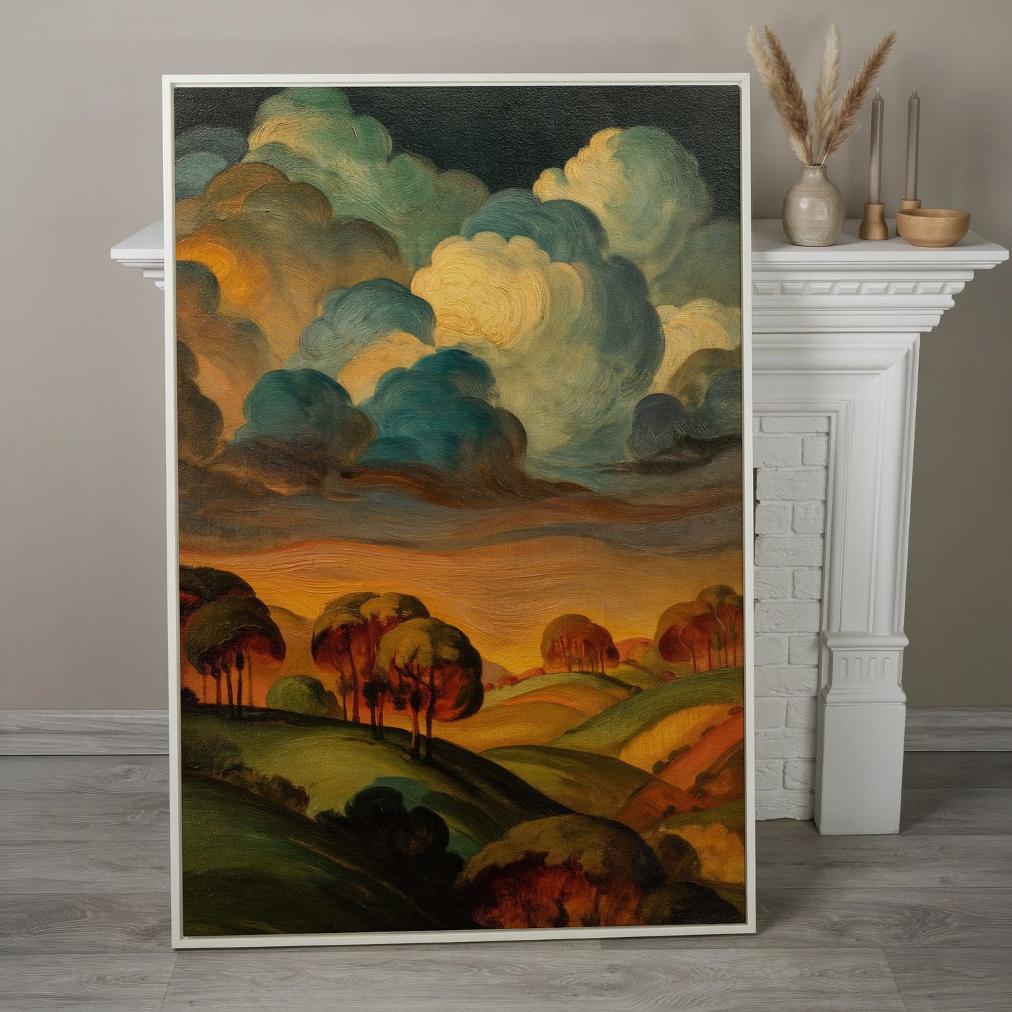 Rolling Hills and Swirling Clouds, Sage Green Landscape Canvas Art in white floating frame