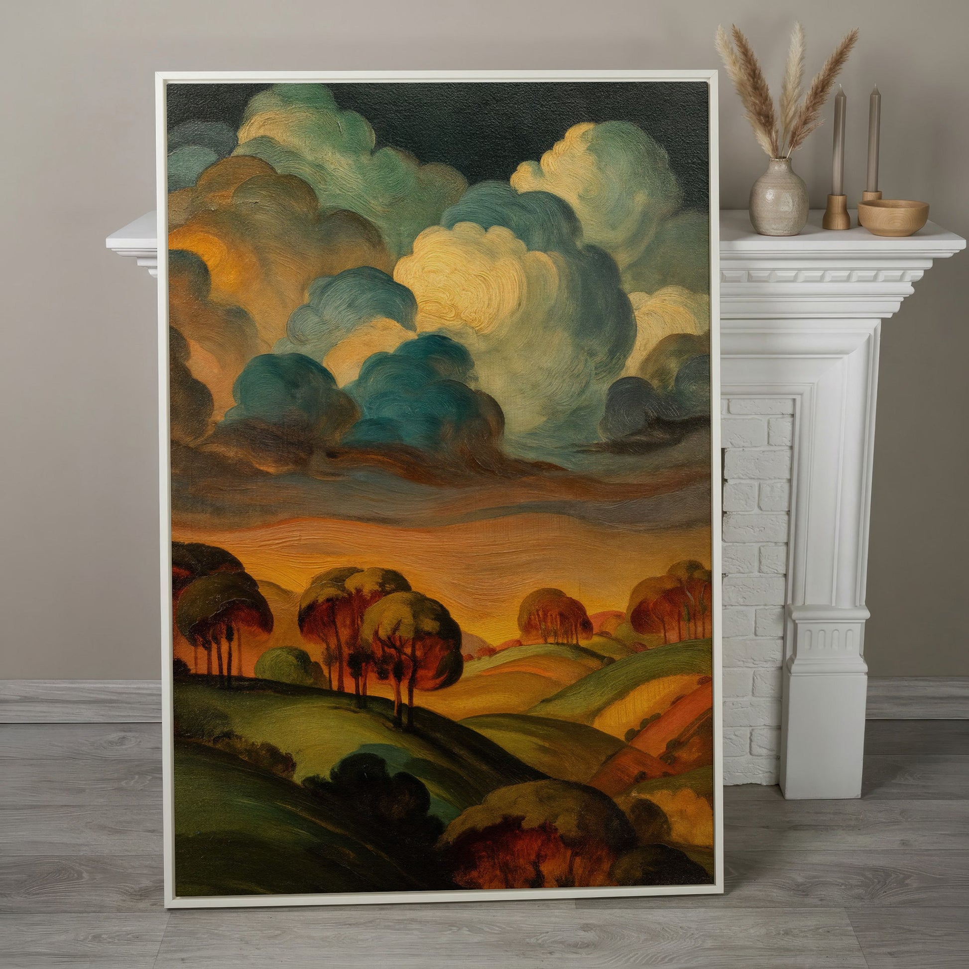 Rolling Hills and Swirling Clouds, Sage Green Landscape Canvas Art in white floating frame