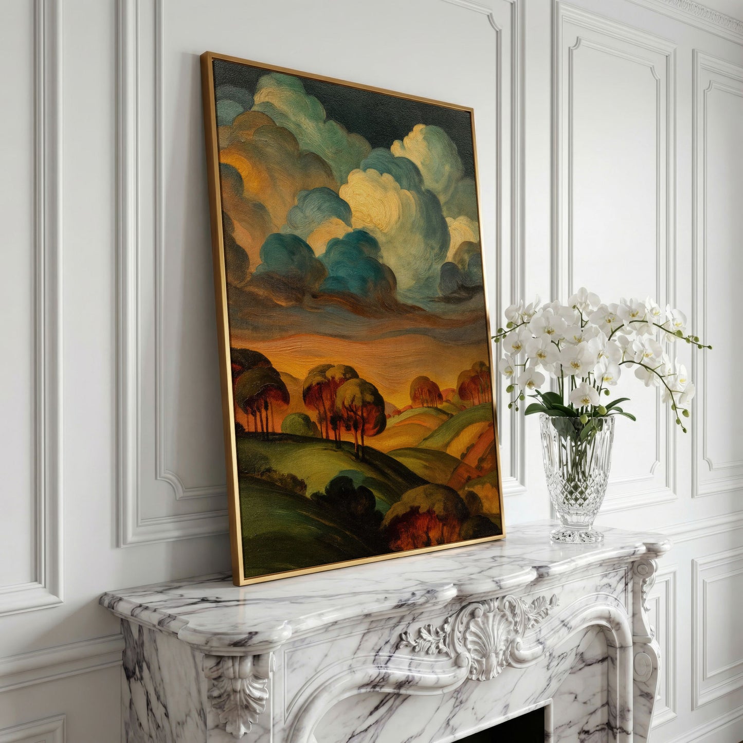 Rolling Hills and Swirling Clouds, Sage Green Landscape Canvas Art in yellow gold floating frame