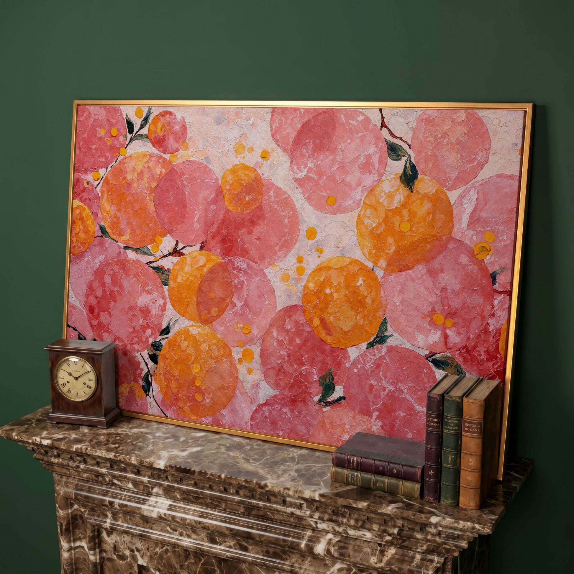 Abstract Fruit Art, Stylized Oranges and Peaches on Canvas in antique gold floating frame