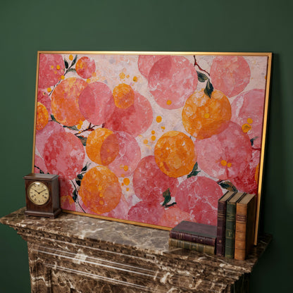 Abstract Fruit Art, Stylized Oranges and Peaches on Canvas in antique gold floating frame