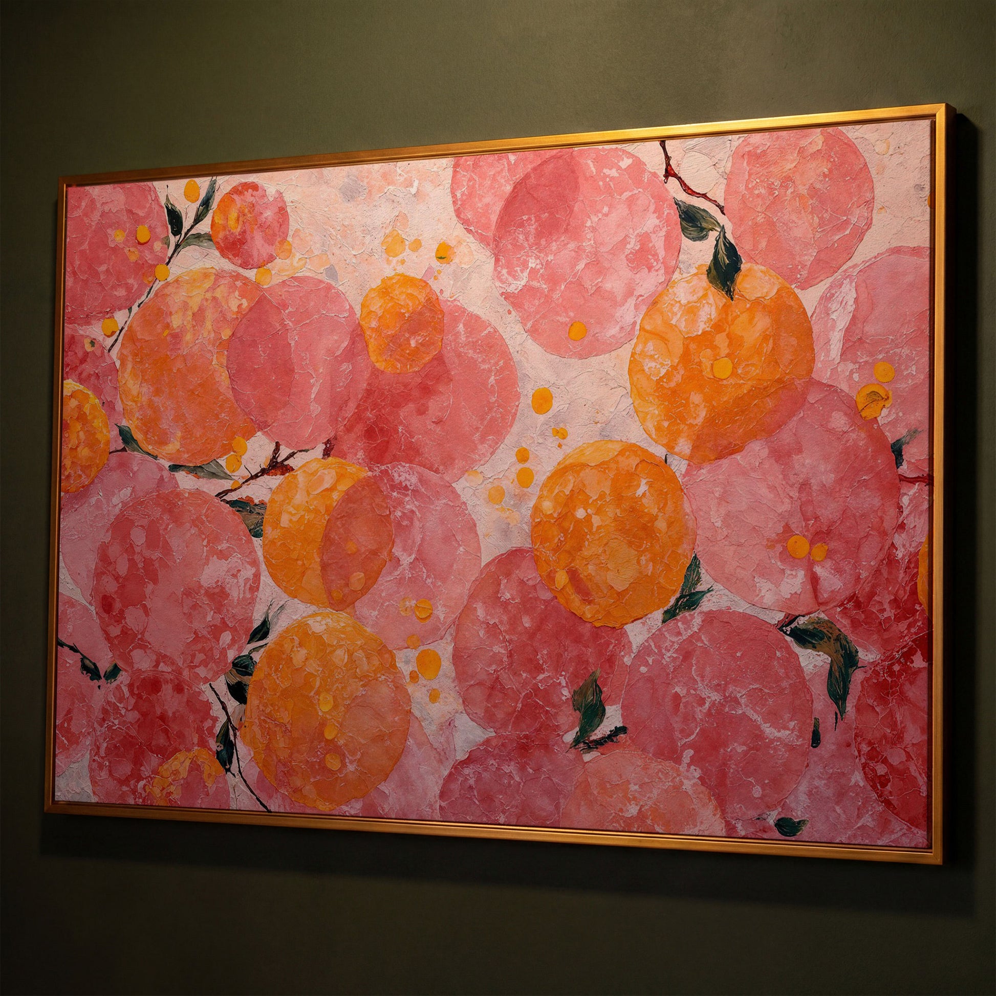 Abstract Fruit Art, Stylized Oranges and Peaches on Canvas shown in antique gold floating frame