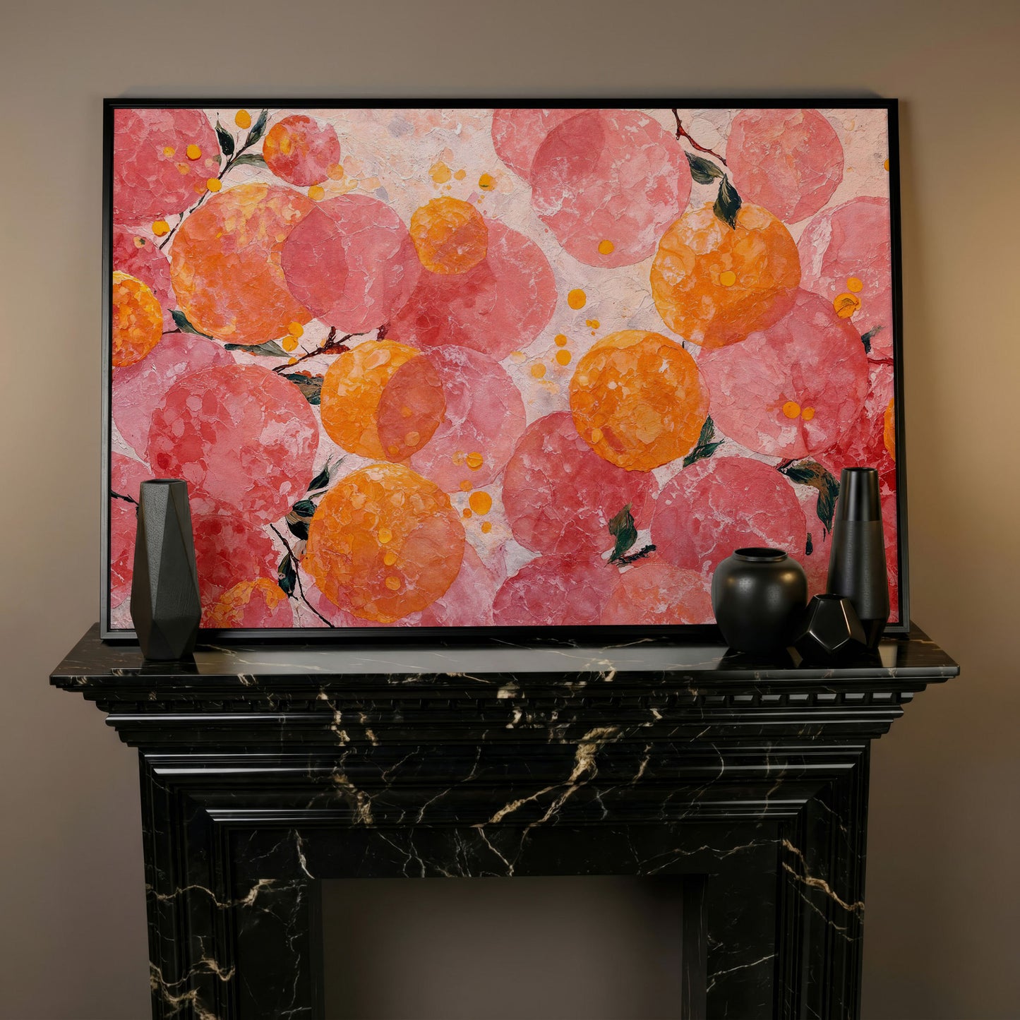 Abstract Fruit Art, Stylized Oranges and Peaches on Canvas in black floating frame