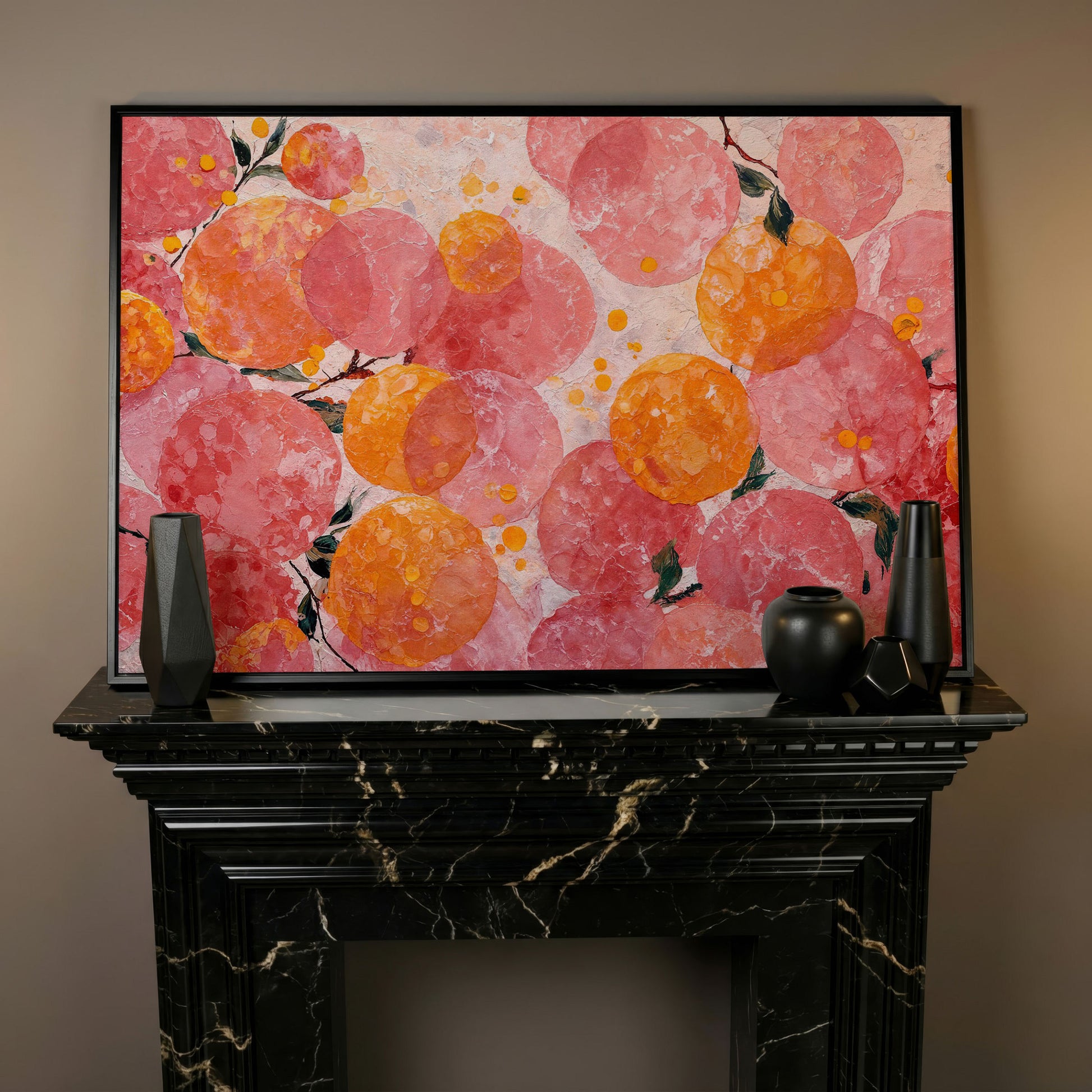 Abstract Fruit Art, Stylized Oranges and Peaches on Canvas in black floating frame
