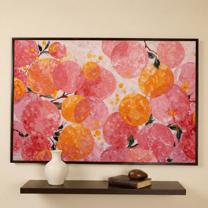 Abstract Fruit Art, Stylized Oranges and Peaches on Canvas in dark walnut floating frame