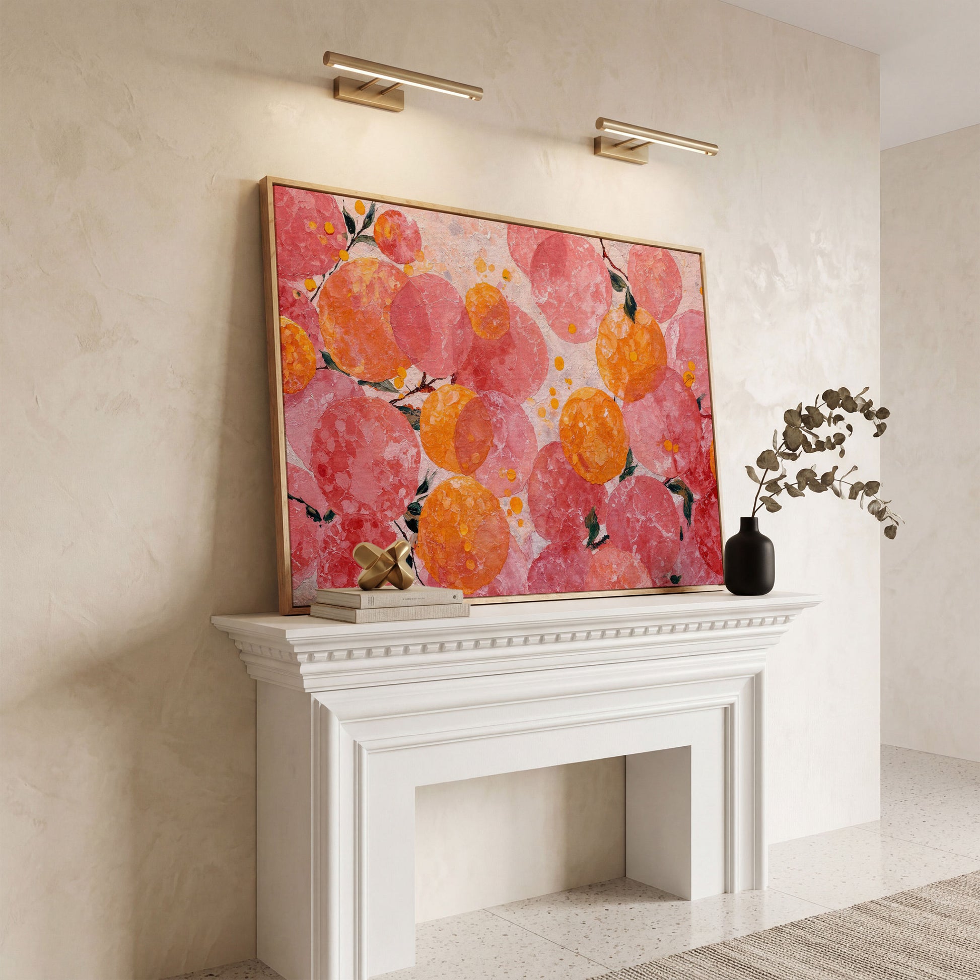 Abstract Fruit Art, Stylized Oranges and Peaches on Canvas in white oak floating frame