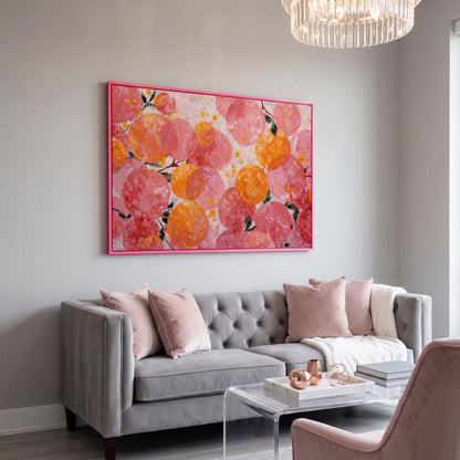 Abstract Fruit Art, Stylized Oranges and Peaches on Canvas in pink floating frame