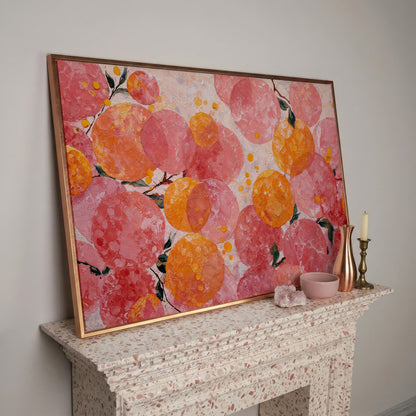 Abstract Fruit Art, Stylized Oranges and Peaches on Canvas in rose gold floating frame