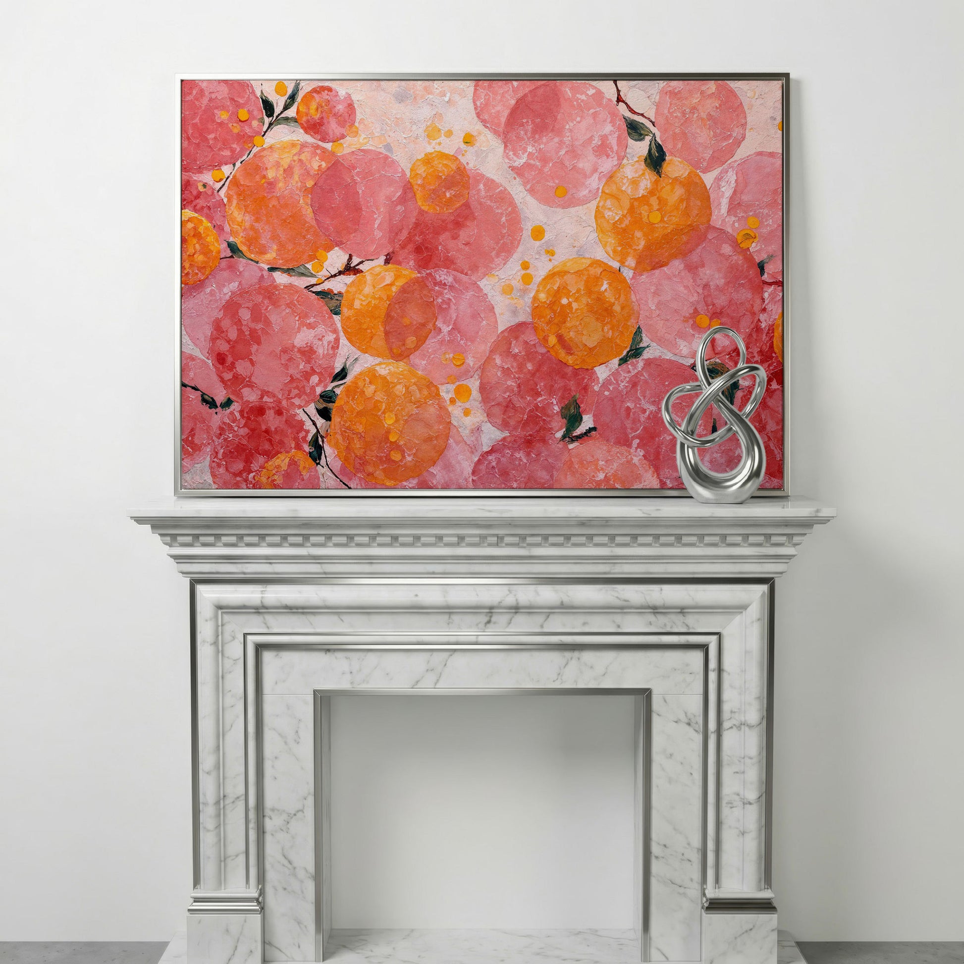 Abstract Fruit Art, Stylized Oranges and Peaches on Canvas in silver floating frame
