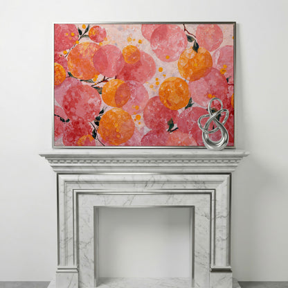 Abstract Fruit Art, Stylized Oranges and Peaches on Canvas in silver floating frame