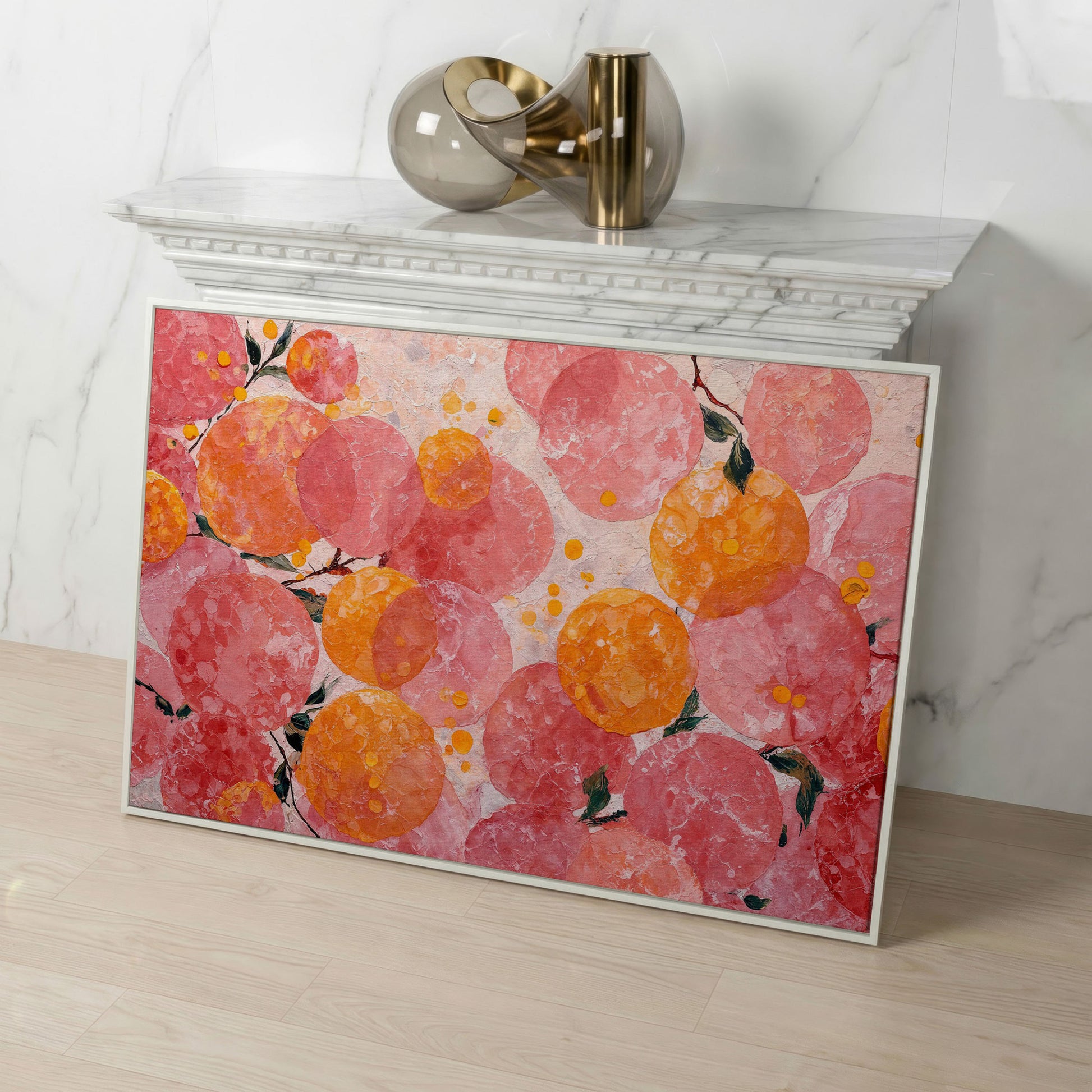 Abstract Fruit Art, Stylized Oranges and Peaches on Canvas in white floating frame