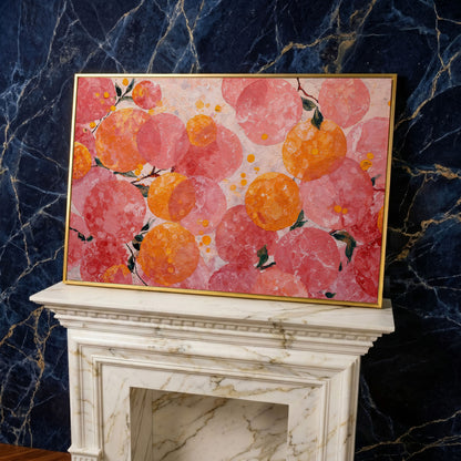 Abstract Fruit Art, Stylized Oranges and Peaches on Canvas in yellow gold floating frame
