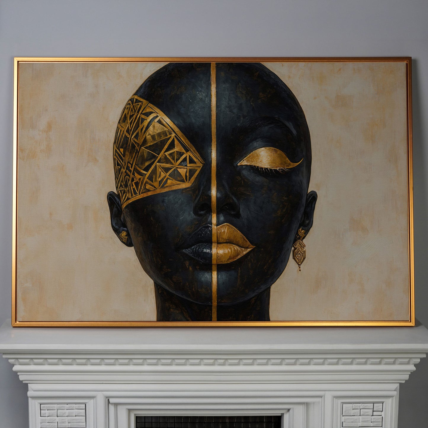 Golden Geometric Portrait of a Woman, Afrocentric Canvas Art in antique gold floating frame