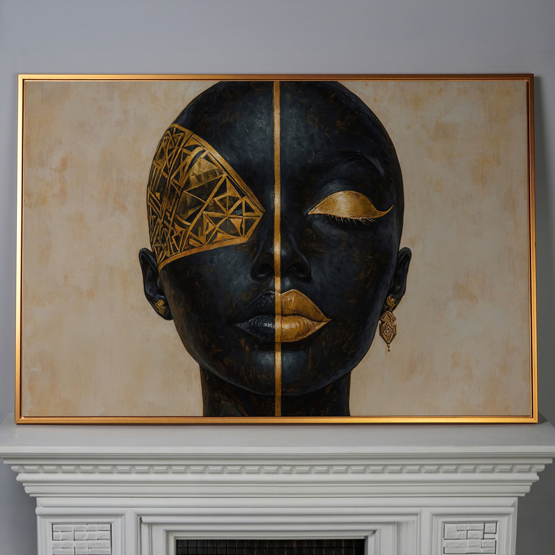 Golden Geometric Portrait of a Woman, Afrocentric Canvas Art in antique gold floating frame