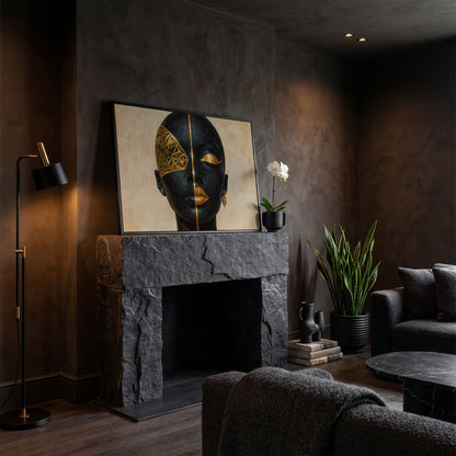 Golden Geometric Portrait of a Woman, Afrocentric Canvas Art in black floating frame