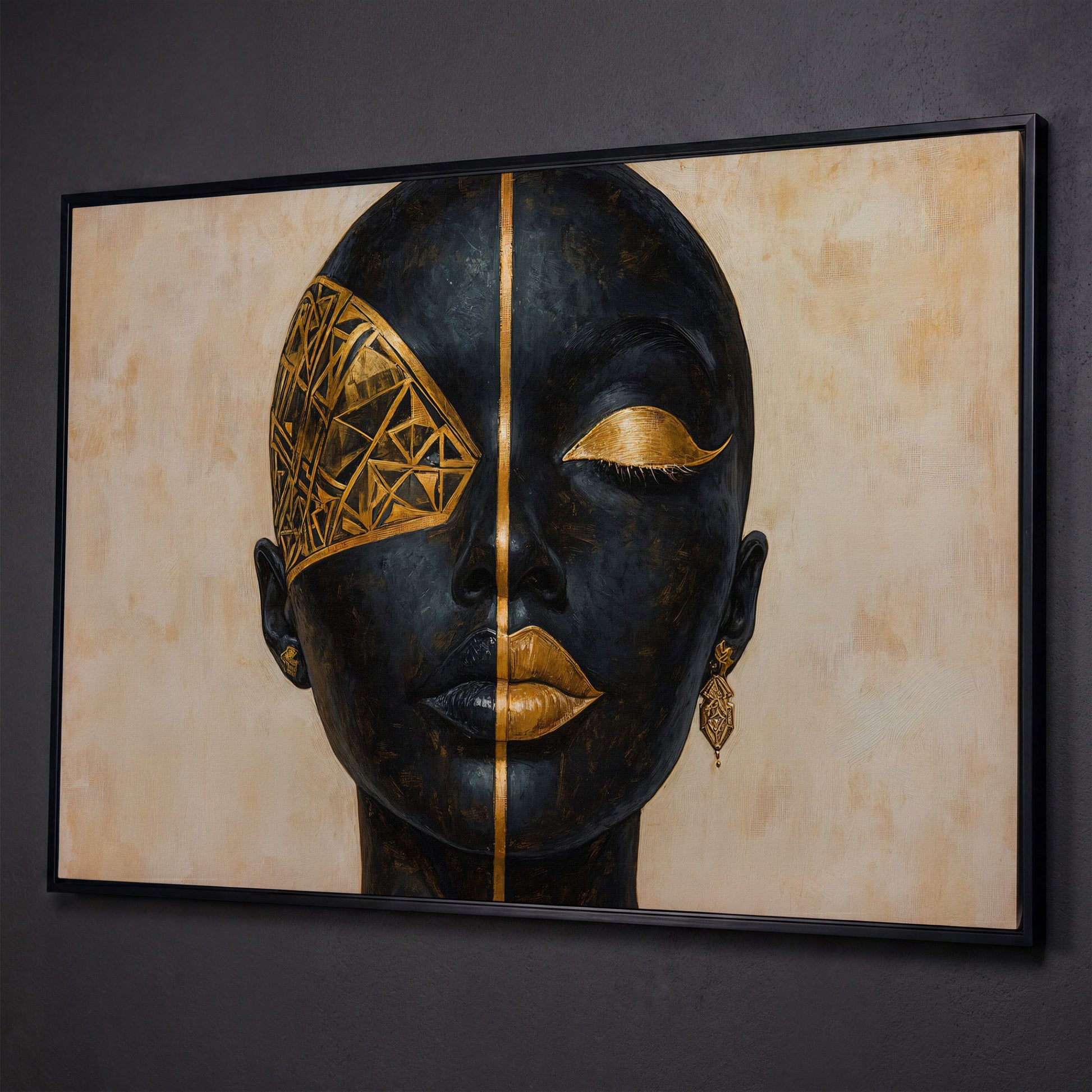 Golden Geometric Portrait of a Woman, Afrocentric Canvas Art shown in black floating frame