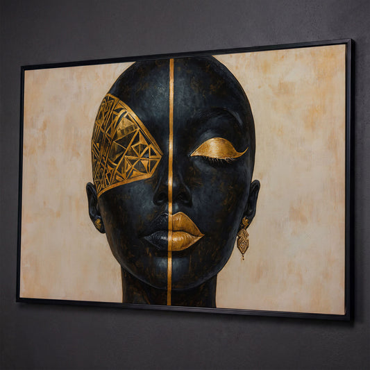Golden Geometric Portrait of a Woman, Afrocentric Canvas Art shown in black floating frame