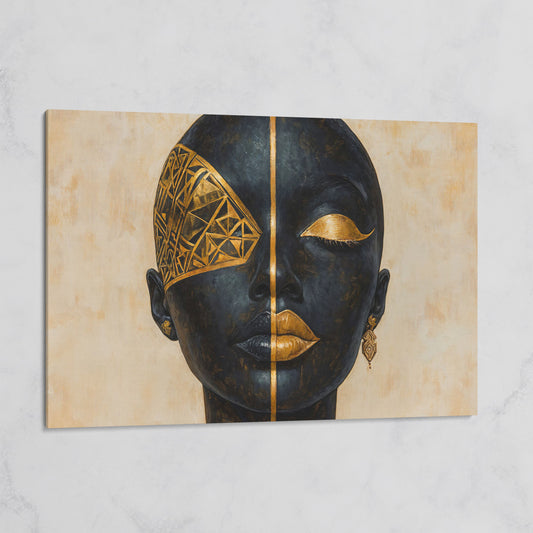 Golden Geometric Portrait of a Woman, Afrocentric Canvas Art on gallery wrap