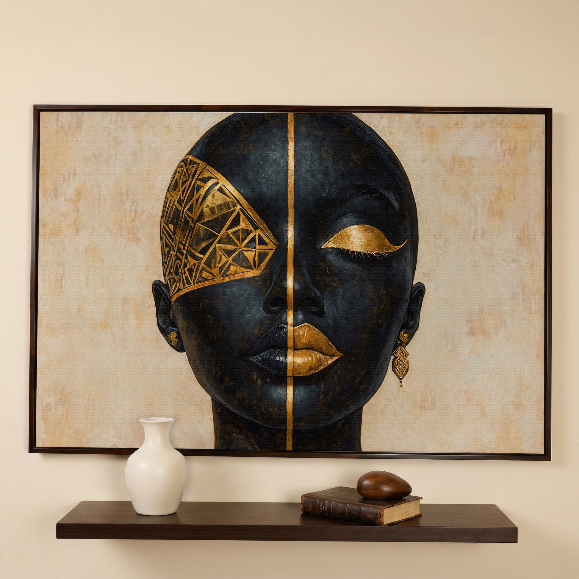 Golden Geometric Portrait of a Woman, Afrocentric Canvas Art in dark walnut floating frame