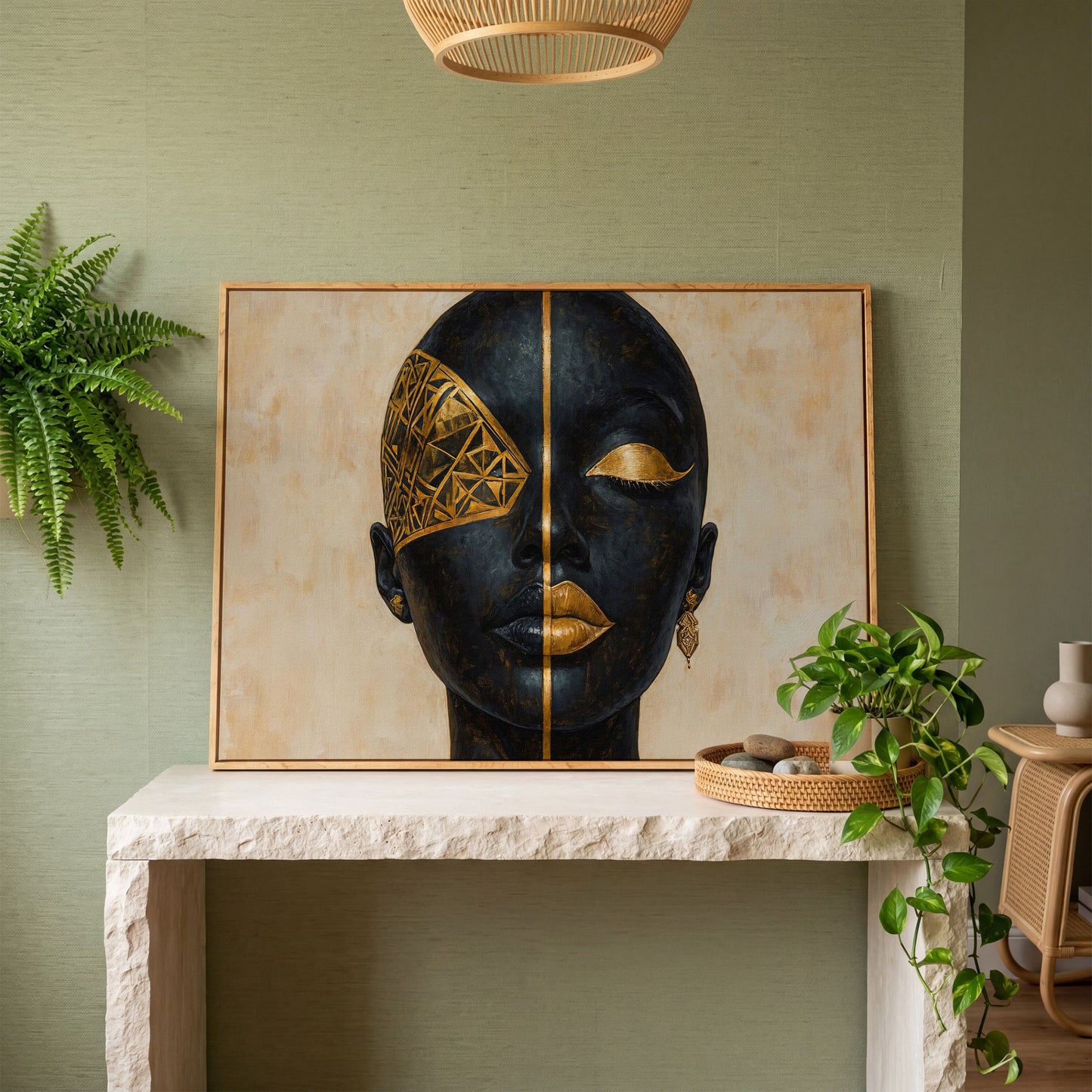 Golden Geometric Portrait of a Woman, Afrocentric Canvas Art in white oak floating frame