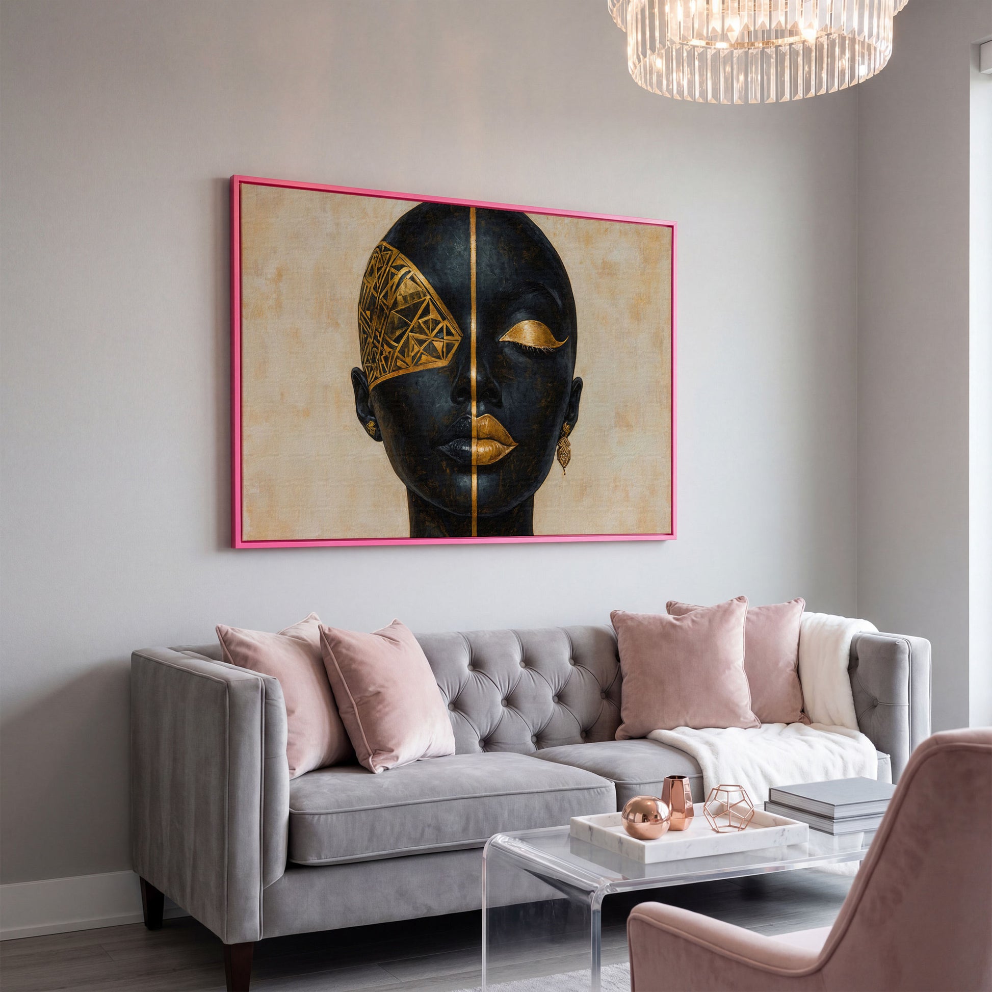 Golden Geometric Portrait of a Woman, Afrocentric Canvas Art in pink floating frame