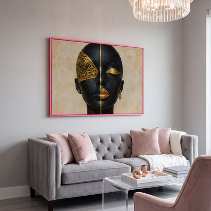 Golden Geometric Portrait of a Woman, Afrocentric Canvas Art in pink floating frame