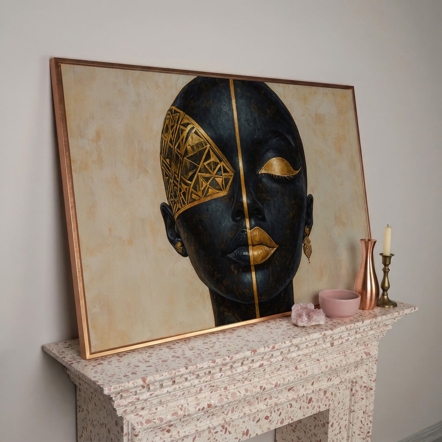 Golden Geometric Portrait of a Woman, Afrocentric Canvas Art in rose gold floating frame
