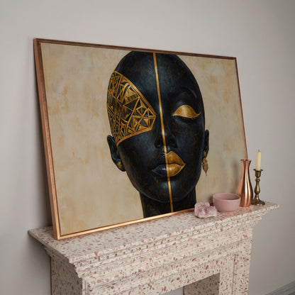 Golden Geometric Portrait of a Woman, Afrocentric Canvas Art in rose gold floating frame