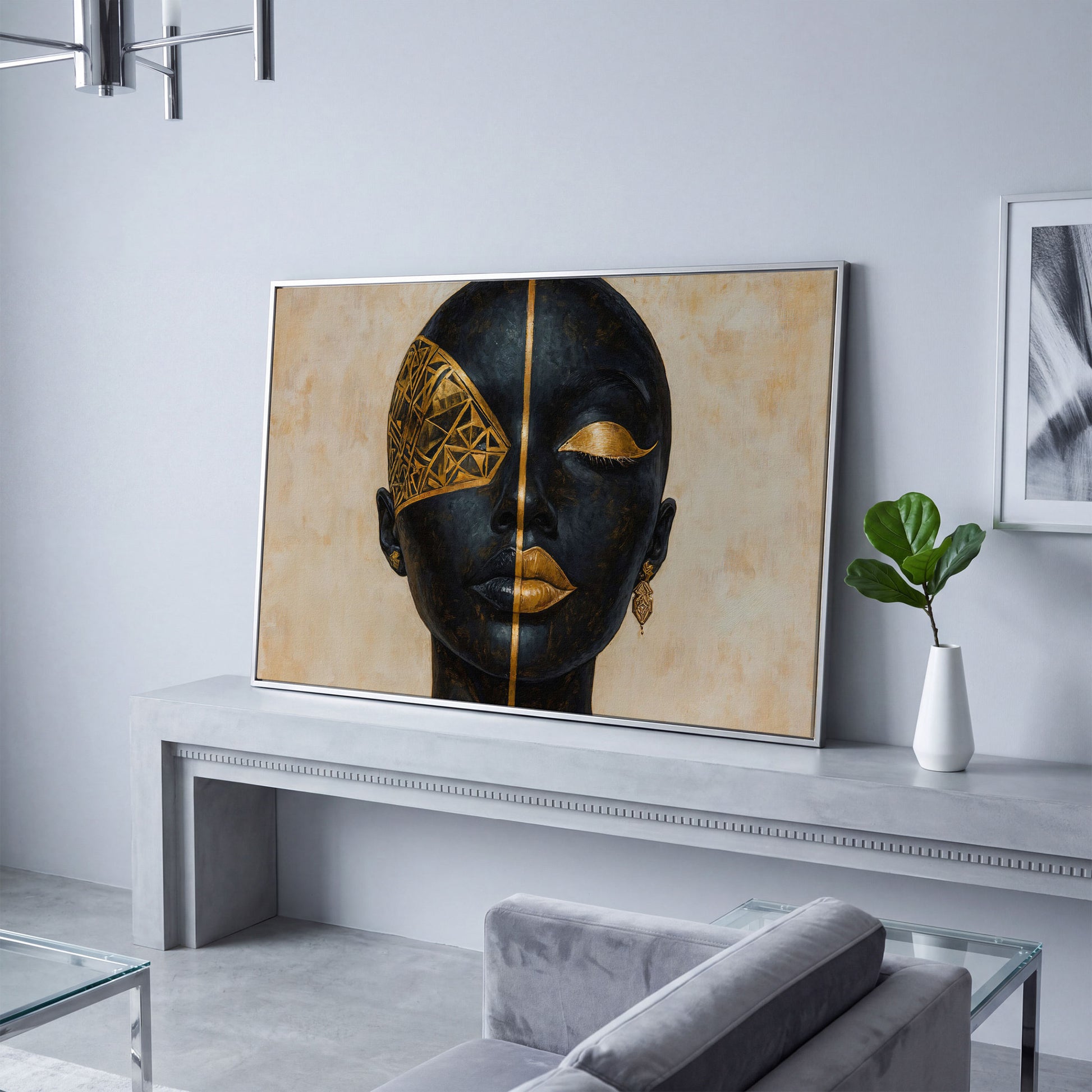 Golden Geometric Portrait of a Woman, Afrocentric Canvas Art in silver floating frame