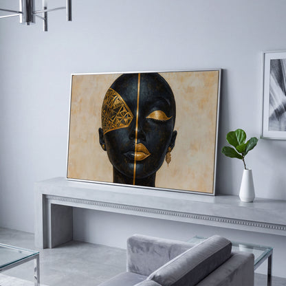 Golden Geometric Portrait of a Woman, Afrocentric Canvas Art in silver floating frame
