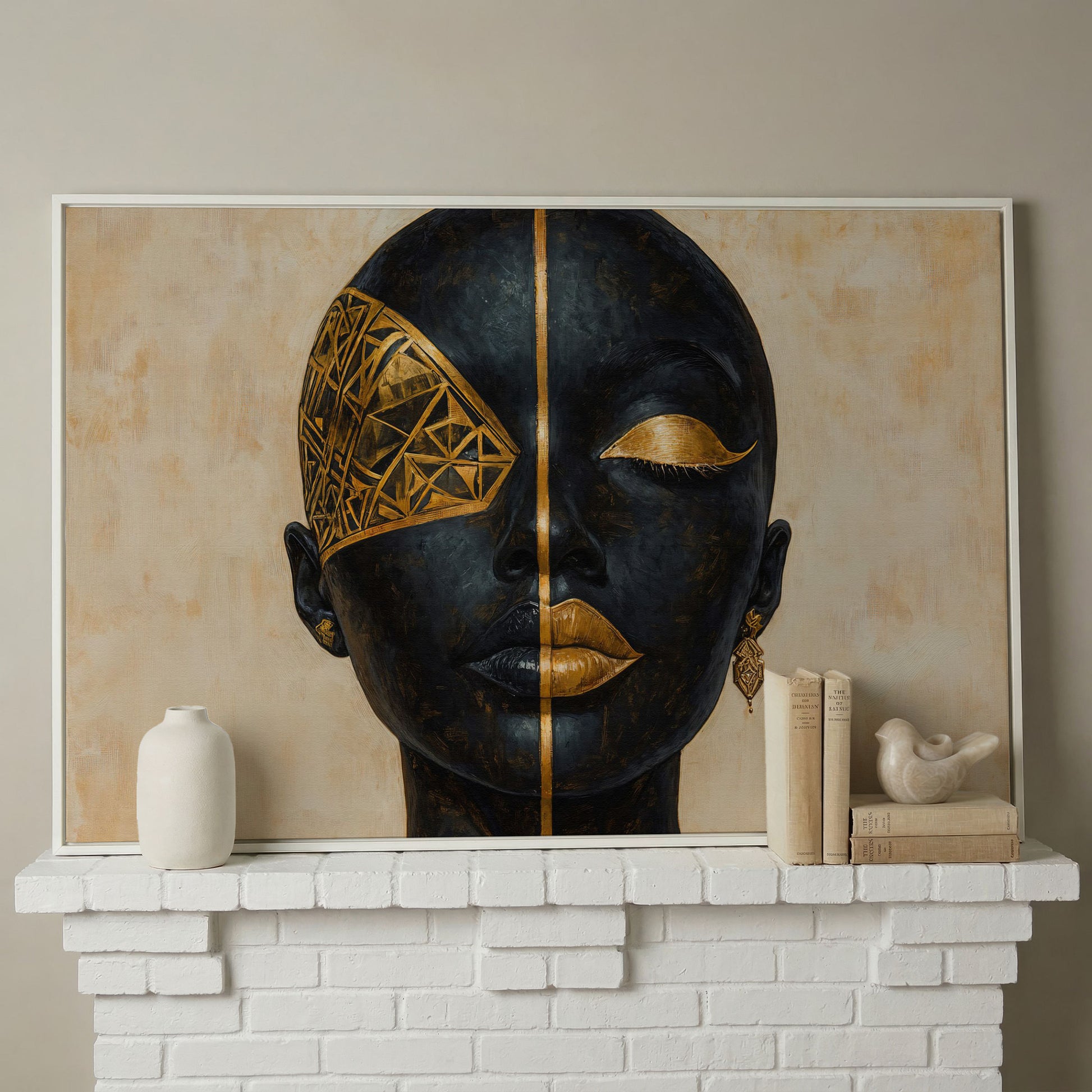 Golden Geometric Portrait of a Woman, Afrocentric Canvas Art in white floating frame