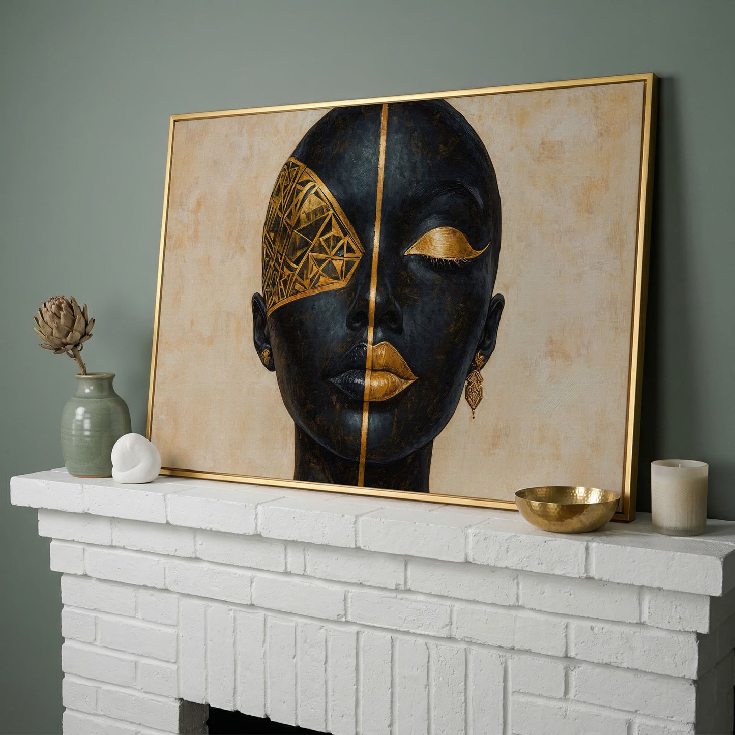 Golden Geometric Portrait of a Woman, Afrocentric Canvas Art in yellow gold floating frame