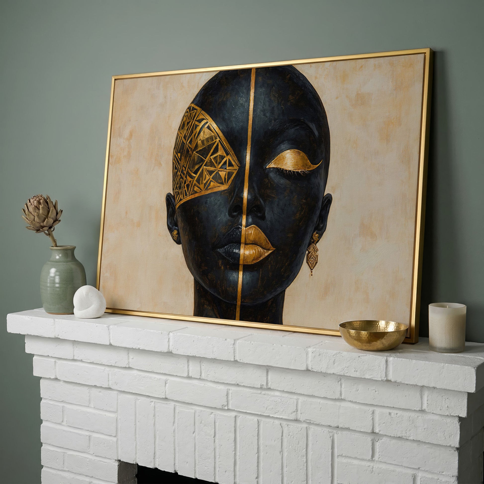 Golden Geometric Portrait of a Woman, Afrocentric Canvas Art in yellow gold floating frame