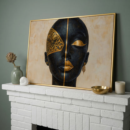 Golden Geometric Portrait of a Woman, Afrocentric Canvas Art in yellow gold floating frame