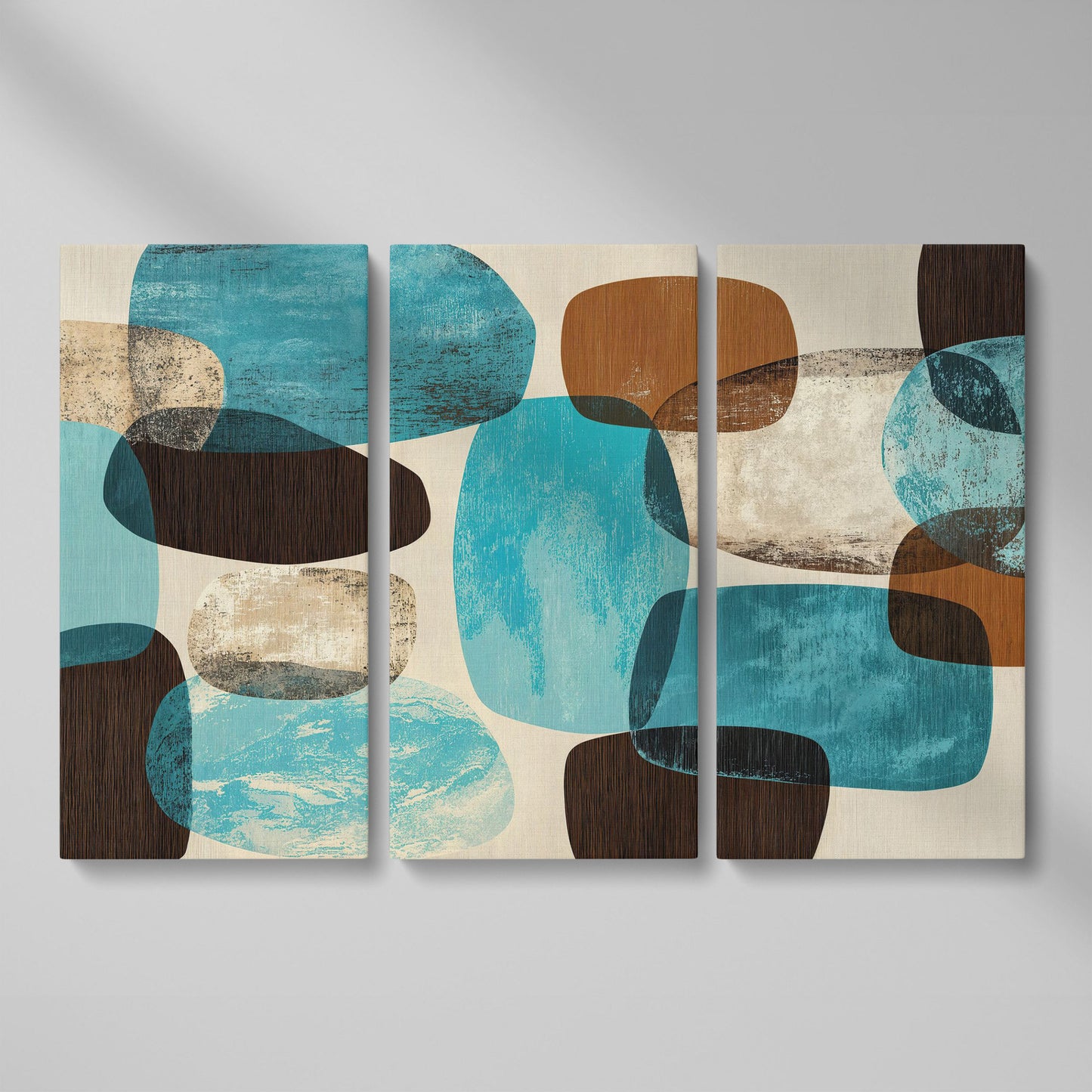 Organic Abstract Shapes Canvas Art, Earth Tones and Teal as 3-panel split version