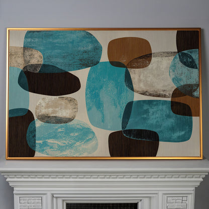 Organic Abstract Shapes Canvas Art, Earth Tones and Teal in antique gold floating frame
