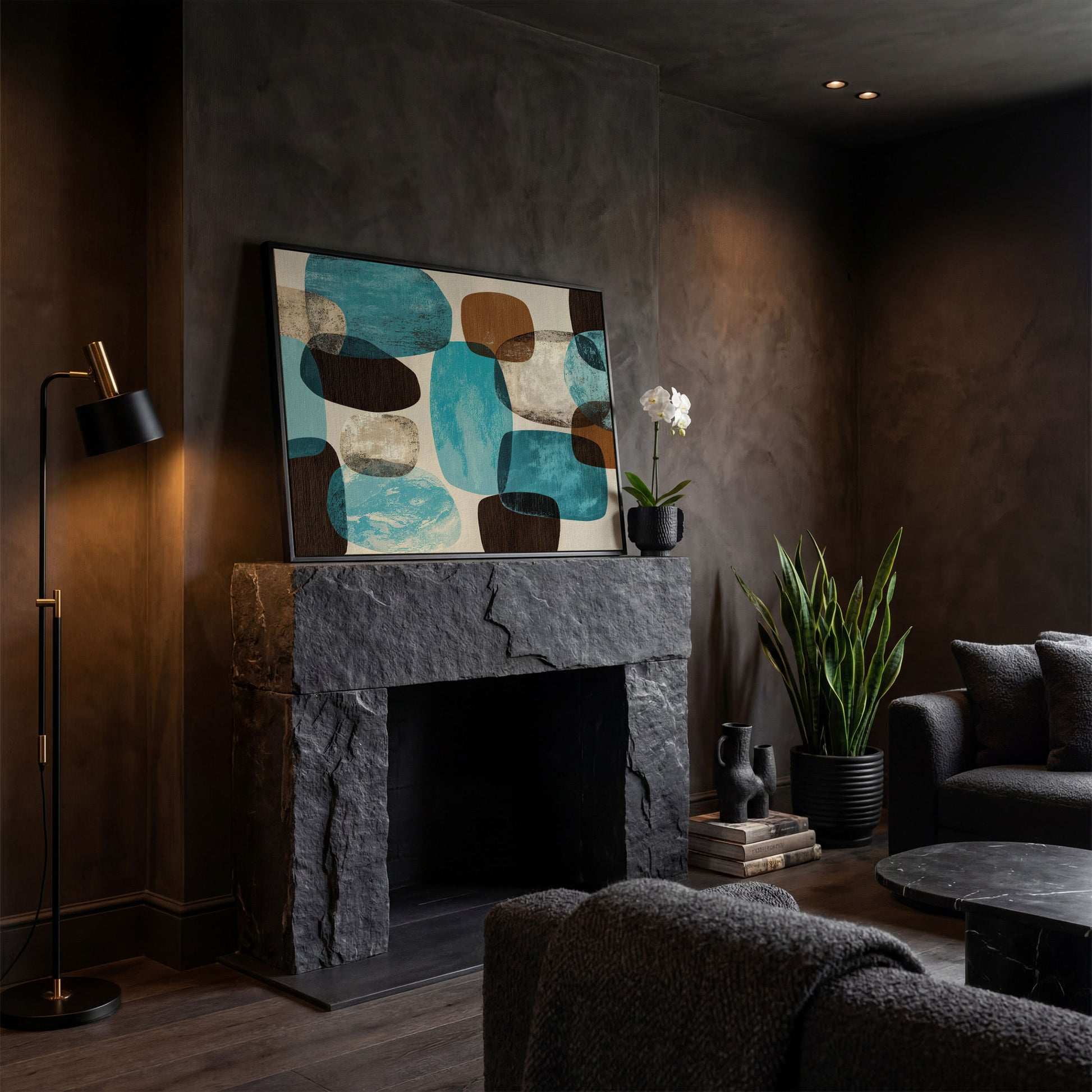 Organic Abstract Shapes Canvas Art, Earth Tones and Teal in black floating frame