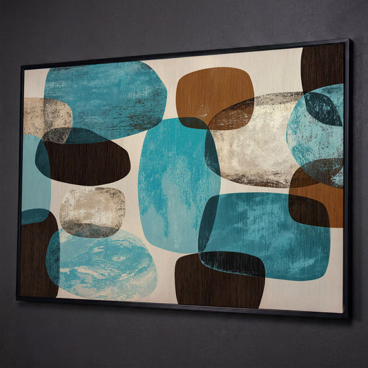 Organic Abstract Shapes Canvas Art, Earth Tones and Teal shown in black floating frame