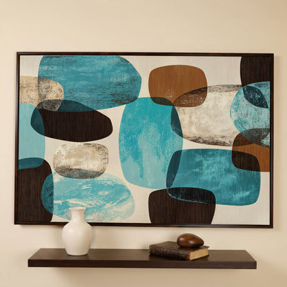 Organic Abstract Shapes Canvas Art, Earth Tones and Teal in dark walnut floating frame