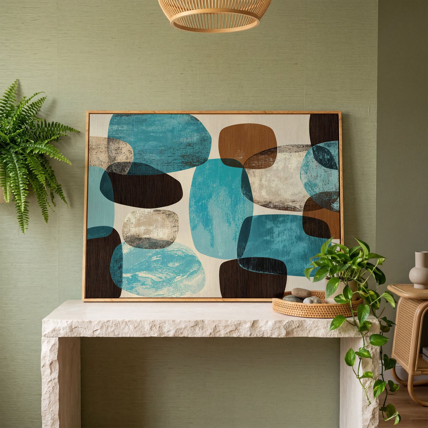 Organic Abstract Shapes Canvas Art, Earth Tones and Teal in white oak floating frame