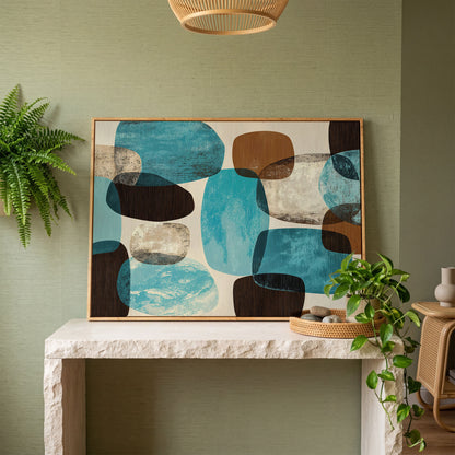Organic Abstract Shapes Canvas Art, Earth Tones and Teal in white oak floating frame