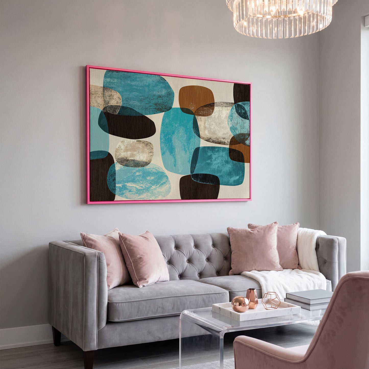Organic Abstract Shapes Canvas Art, Earth Tones and Teal in pink floating frame