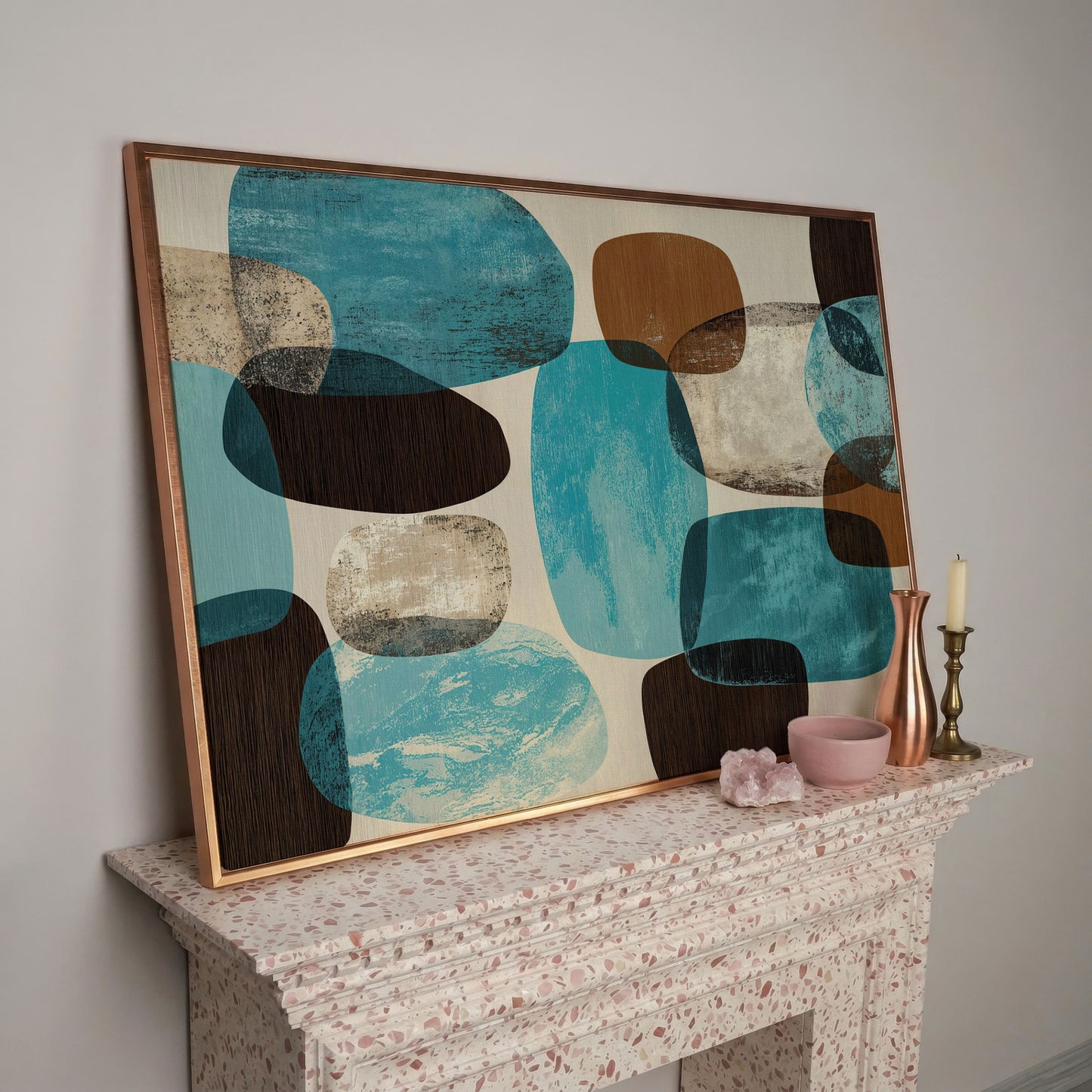 Organic Abstract Shapes Canvas Art, Earth Tones and Teal in rose gold floating frame